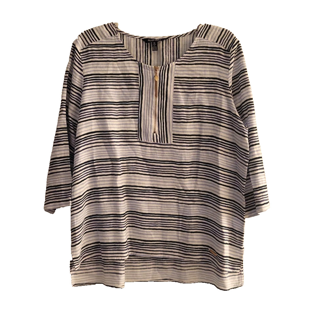 ELLEN TRACY 100% Linen 1/3 Zip Front High Low Pop Over Blue White Top Women L